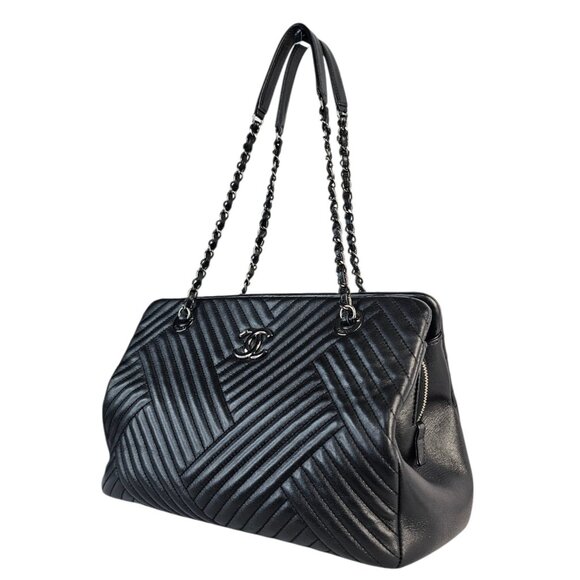 CHANEL CC Crossing Shopping Tote Shoulder Bag Chain Black Chevron 2016 Silver - Picture 3 of 16